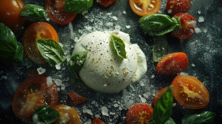 A captivating artistic composition featuring fresh mozzarella nestled among ripe tomatoes and vibrant basil leaves, showcasing a harmonious blend of flavors and textures.の素材