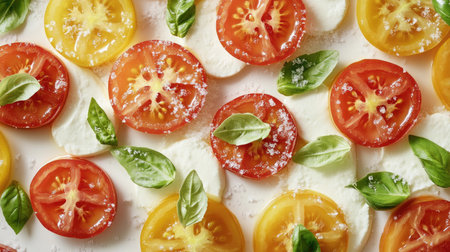 A vibrant artistic composition featuring fresh mozzarella and colorful tomatoes, enhanced by basil leaves, perfect for showcasing culinary creativity and freshness.の素材