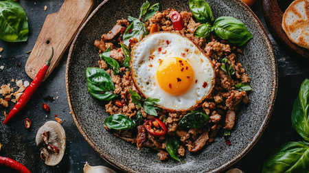 This vibrant dish features stir fried pork topped with basil and a perfectly cooked egg, showcasing a colorful array of fresh ingredients ideal for any meal.の素材