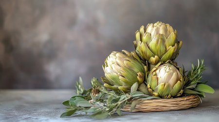 This elegant presentation showcases fresh artichokes arranged beautifully on a rustic table, highlighting their vibrant colors and natural textures. Perfect for culinary inspiration.の素材