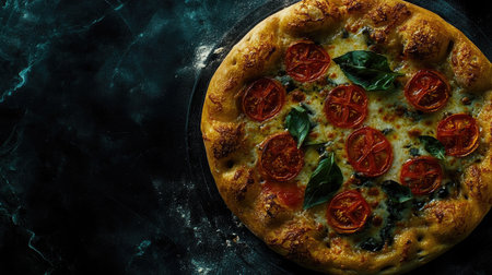 Capture the essence of homemade focaccia in this artistic top view. The beautifully baked bread, topped with ripe tomatoes and fresh herbs, showcases vibrant colors and textures, perfect for food lovers and culinary inspiration.の素材