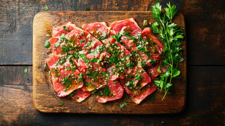 Discover a vibrant presentation of saltimbocca alla romana, showcasing fresh ingredients and herbs on a rustic wooden platter, perfect for culinary enthusiasts.の素材