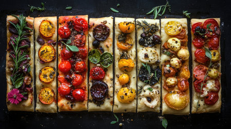 Discover a stunning top view of beautifully baked focaccia, showcasing vibrant tomatoes and fresh herbs, perfect for culinary inspiration and delightful meals.の素材