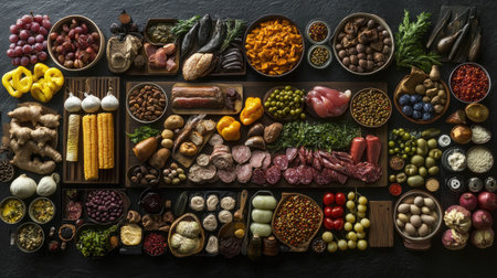 A vibrant display of fresh ingredients showcases an array of colorful foods, perfect for culinary endeavors and gourmet creations, inviting creativity in the kitchen.の素材