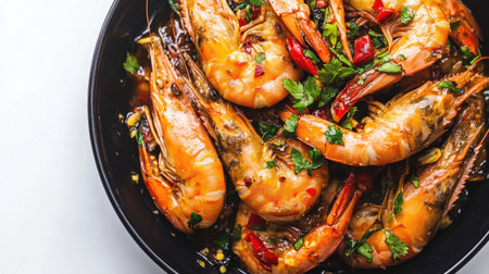 This artistic top view captures a vibrant shrimp dish, garnished with herbs and spices, showcasing an appetizing presentation perfect for any food lover.の素材