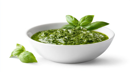 An elegant presentation of green pesto captured in a smooth white bowl, showcasing fresh basil. Ideal for culinary uses and inspiring recipes.の素材
