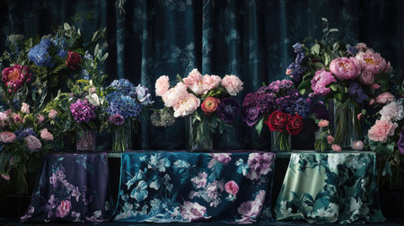 An elegant display featuring an assortment of fresh flowers arranged in vases on beautifully patterned tablecloths, creating a vibrant and harmonious atmosphere.の素材
