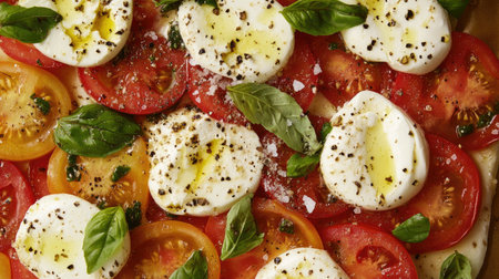 A vibrant and fresh mozzarella and tomato salad, beautifully garnished with basil and drizzled with olive oil, perfect for summer dining or appetizers.の素材