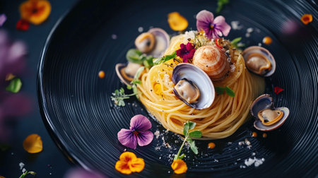 An artistic presentation of spaghetti alle vongole decorated with colorful edible flowers, showcasing fine dining aesthetics and gourmet cuisine appeal. Perfect for culinary inspiration.の素材