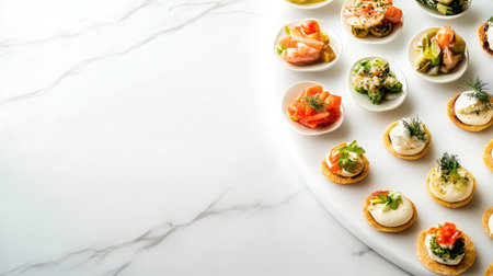 Discover an elegant cicchetti arrangement displayed on white marble. This stunning appetizer spread showcases gourmet flavors and fresh ingredients, perfect for any event.の素材