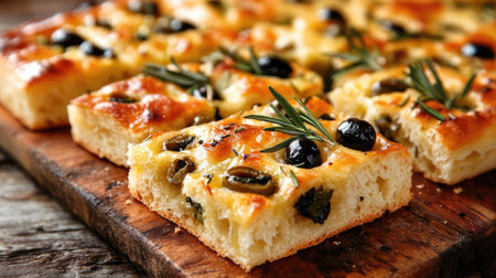 A close-up view of a delicious olive focaccia garnished with rosemary and drizzled with olive oil, showcasing its golden crust and inviting texture. Perfect for culinary inspiration.の素材