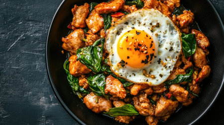 This overhead image showcases a delicious stir-fried Thai basil dish, featuring tender chicken, fresh greens, and a perfectly cooked egg, ideal for food lovers.の素材