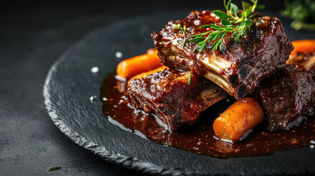 A close-up view of succulent beef ribs glazed with rich sauce, garnished with fresh herbs and served with tender carrots on a black plate. Perfect for culinary showcases.の素材