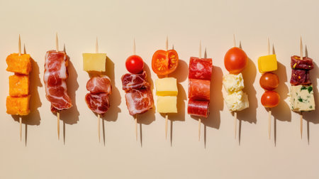 Explore an elegant display of vibrant Spanish pinchos showcasing assorted meats, cheeses, and fresh vegetables. Perfect for appetizers or festive gatherings.の素材