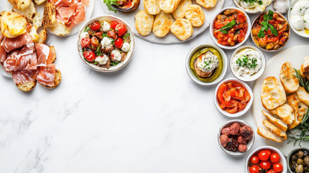 Discover an elegant cicchetti arrangement featuring various appetizers on a pristine white marble surface, perfect for dining and sharing with friends or family.の素材