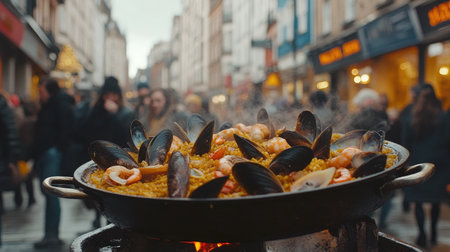 Experience the vibrant atmosphere of a bustling market with fresh seafood dishes being expertly prepared. A lively mix of people contributes to this Saturday scene.の素材