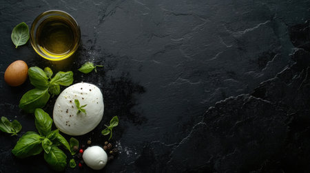An isolated mozzarella di bufala topped with fresh basil leaves and olive oil on a dark surface. Perfect for culinary presentations or recipe ideas.の素材