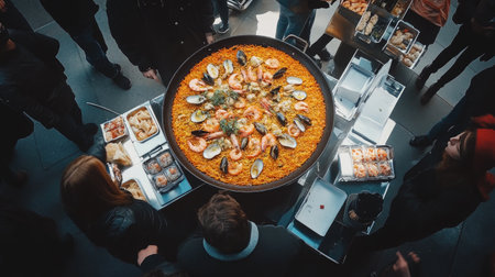 This vibrant overhead shot showcases a large, colorful paella filled with seafood and aromatic ingredients, perfect for culinary enthusiasts and food lovers.の素材