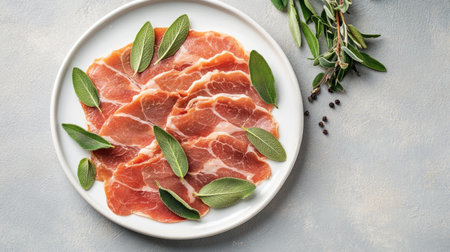 This beautifully plated dish features delicate slices of saltimbocca adorned with fresh herbs, perfect for a gourmet meal presentation.の素材