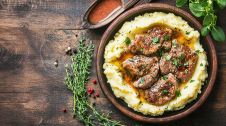 Capture the essence of Italian cuisine with this overhead shot of saltimbocca alla romana, featuring tender meat served with creamy mashed potatoes.の素材
