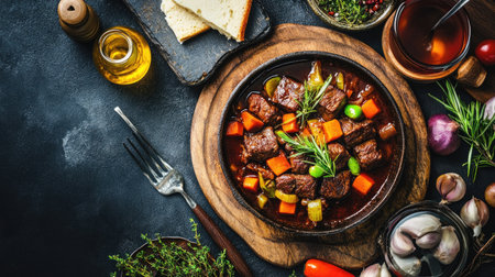 A stunning overhead perspective of a rich beef bourguignon, showcasing tender meat and fresh vegetables, perfect for culinary enthusiasts and food lovers.の素材