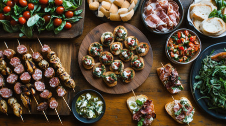 Enjoy an overhead view of a delightful cicchetti spread featuring an array of fresh ingredients, savory meats, and colorful toppings, perfect for gatherings.の素材