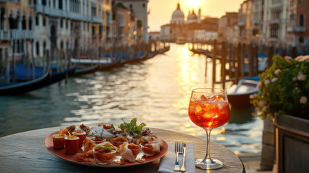 Enjoy a stunning sunset view over a waterway with beautifully arranged cicchetti and a refreshing cocktail, perfect for an evening of relaxation and flavor.の素材