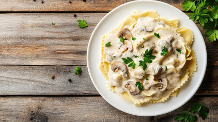 Indulge in freshly cooked ravioli topped with a creamy mushroom sauce, garnished with herbs, perfect for a delightful dining experience.の素材