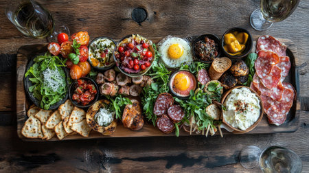 An enticing overhead view of a cicchetti platter featuring a variety of delicious appetizers. Perfect for gatherings, this beautifully arranged spread includes cheeses, meats, and fresh herbs.の素材