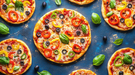 This enticing overhead shot features assorted fresh pizzas topped with vibrant vegetables and herbs, perfect for showcasing delicious meal ideas or recipes.の素材