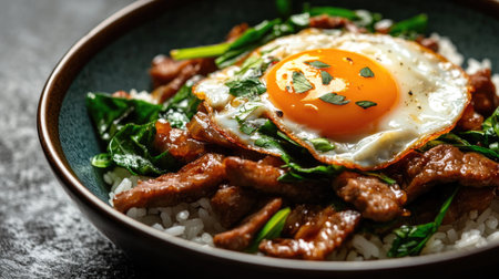 Close-up of a delicious stir-fried basil dish featuring tender meat, topped with a sunny-side-up egg, served over fluffy rice and garnished with fresh herbs.の素材