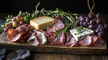An inviting charcuterie platter featuring assorted meats, cheeses, and fresh grapes. Perfect for gatherings, this presentation brings gourmet elegance to any dining experience.の素材