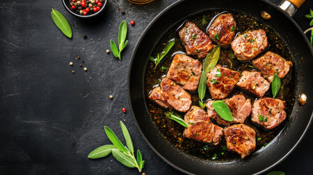 Captured from above, this image showcases sizzling meat in a frying pan, surrounded by fresh herbs and spices, perfect for culinary inspiration.の素材