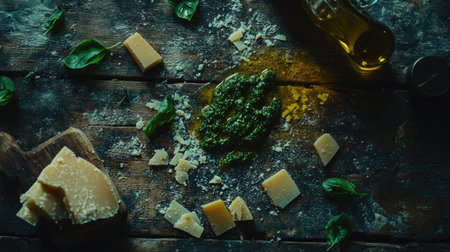 A vibrant overhead shot featuring fresh ingredients for basil pesto, showcasing cheese, garlic, and aromatic herbs on a rustic wooden table. Perfect for culinary inspiration.の素材