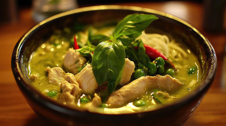 A close-up view of a steaming chicken soup bowl, featuring fresh herbs, chili, and vibrant green ingredients, perfect for a comforting meal.の素材