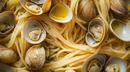 An overhead shot showcasing spaghetti alle vongole, featuring tender clams and a drizzle of olive oil, perfect for culinary enthusiasts and food lovers alike.の素材