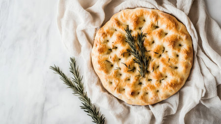 A stunning overhead shot of focaccia bread, beautifully garnished with fresh rosemary, highlighting its golden crust and soft texture on a light background.の素材