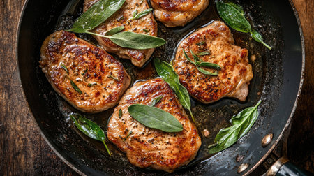 Indulge in this beautifully arranged plate of savory saltimbocca, garnished with fresh herbs, showcasing the art of Italian cuisine in a delightful presentation.の素材