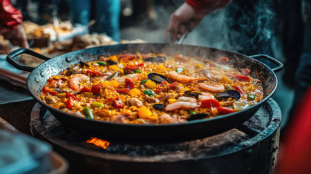 Experience the lively atmosphere of Portobello Road Market on a Saturday, showcasing a vibrant food scene with colorful dishes being prepared, attracting food lovers.の素材