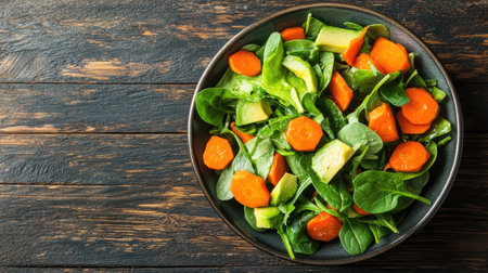 An overhead view of a fresh salad bowl filled with vibrant spinach, carrots, and cucumbers, showcasing wholesome ingredients on a rustic wooden table.の素材