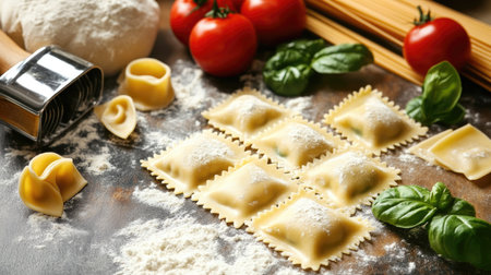 Explore the art of making homemade spinach and ricotta ravioli, featuring fresh ingredients like basil and tomatoes, ideal for culinary enthusiasts.の素材