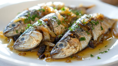 Discover the exquisite taste of sarde in saor, beautifully plated with caramelized onions, showcasing the rich flavors of traditional Italian seafood cuisine.の素材