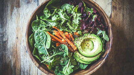 Experience the vibrant colors and textures of this fresh salad bowl featuring avocado, carrots, and leafy greens, perfect for healthy meal inspiration.の素材