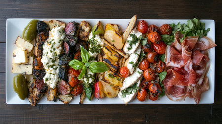 A stunning top view of a cicchetti platter featuring a colorful array of grilled vegetables, meats, cheeses, and fresh herbs, perfect for entertaining.の素材