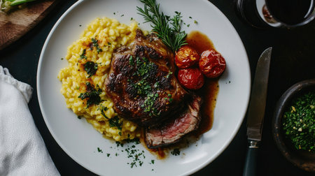 This beautifully arranged plate features osso buco served with creamy risotto, vibrant tomatoes, and fresh herbs, perfect for an upscale dining experience.の素材