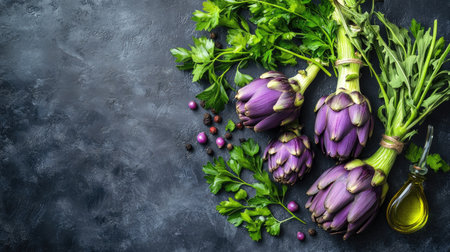 This overhead shot features fresh artichokes surrounded by vibrant green herbs and a touch of olive oil, perfect for culinary inspiration and healthy cooking ideas.の素材