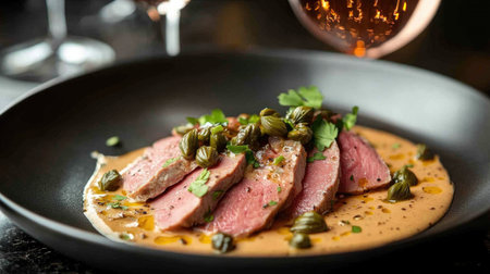 Discover a beautifully arranged Vitello Tonnato dish, elegantly presented with capers and herbs, perfect for fine dining or gourmet settings. Enjoy the exquisite flavors.の素材
