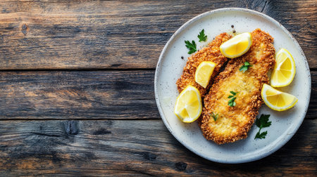 A beautifully plated cotoletta alla Milanese served with lemon slices, showcasing a golden crispy exterior. Perfect for culinary enthusiasts and food lovers.の素材
