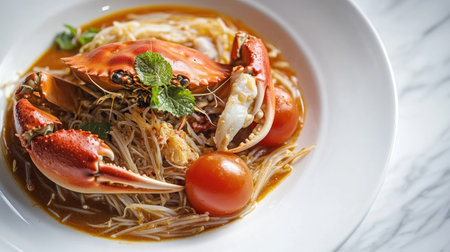 A close-up view of a vibrant spicy papaya salad featuring fresh ingredients, colorful presentation, and appealing textures. Perfect for culinary enthusiasts.の素材