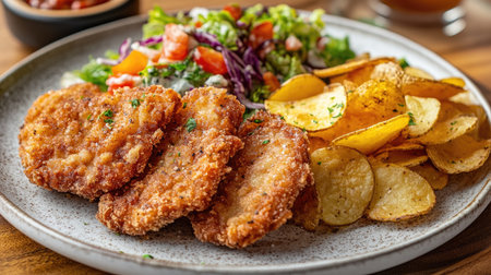 A beautifully arranged plate featuring crispy fried meat, fresh salad, and golden potatoes, perfect for a satisfying dinner or lunch meal.の素材
